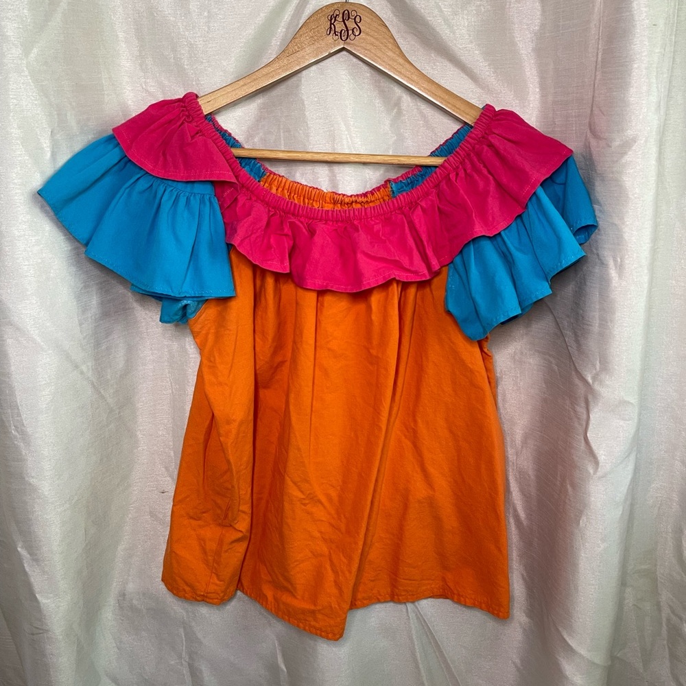 VTG 80’s Handmade Neon Orange Blue Pink Ruffle Short Sleeve Blouse Top